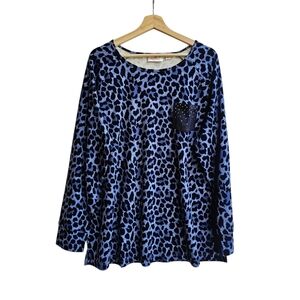 NWT Quacker Factory Blue Leopard Print Rhinestone Pocket Tunic Shirt, Size 2X